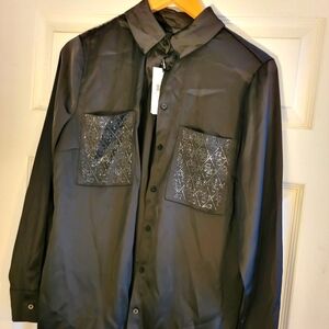 NWT Guess Black Satin Blouse Size Medium With Rhinestone Accents